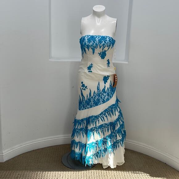 BICICI Strapless Lace Back White Turquoise Gown Size L Special  Occasion NWT - Picture 1 of 15